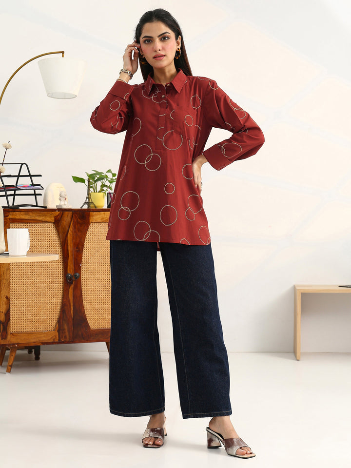Rust Geometric Printed Cotton Blend Straight Short Kurti