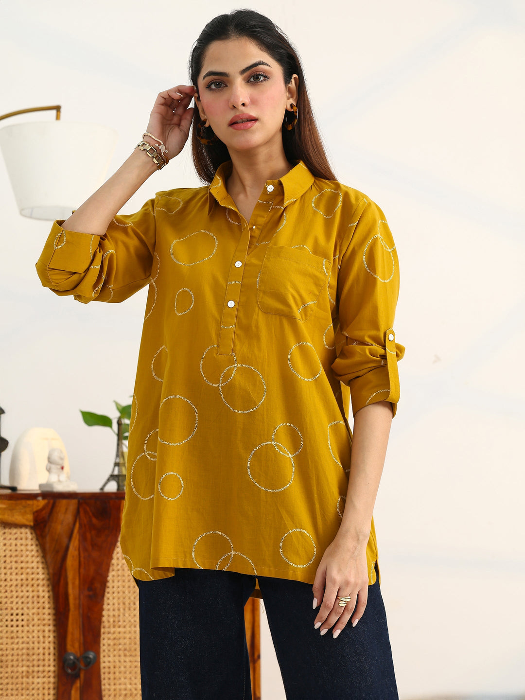 Mustard Geometric Printed Cotton Blend Straight Short Kurti
