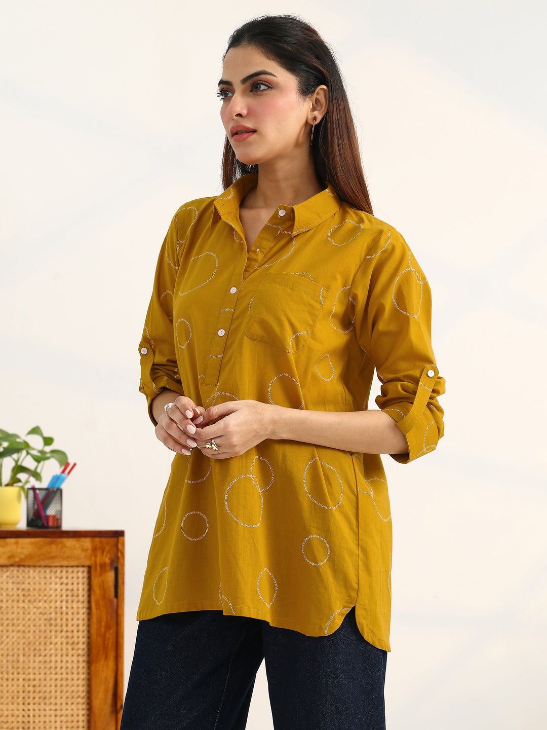 Mustard Geometric Printed Cotton Blend Straight Short Kurti