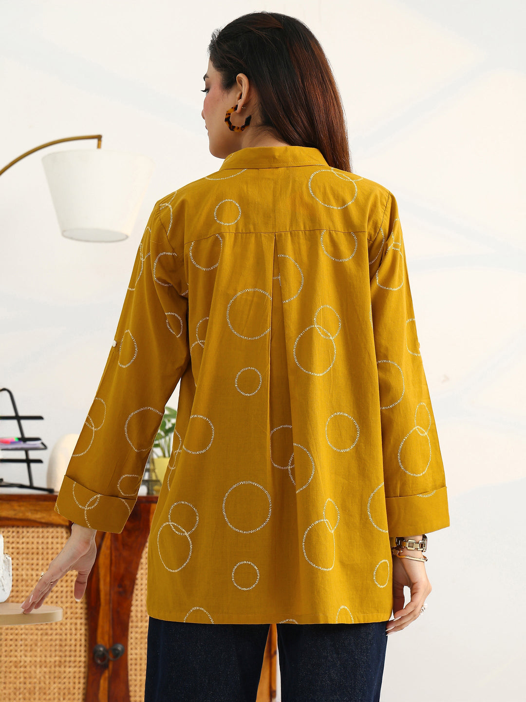 Mustard Geometric Printed Cotton Blend Straight Short Kurti