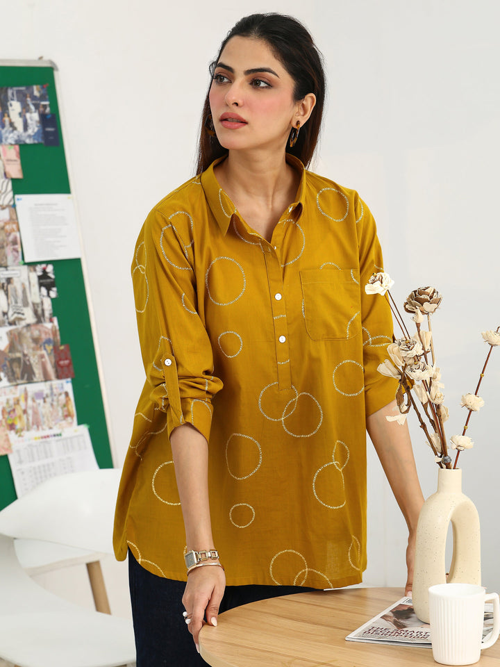Mustard Geometric Printed Cotton Blend Straight Short Kurti