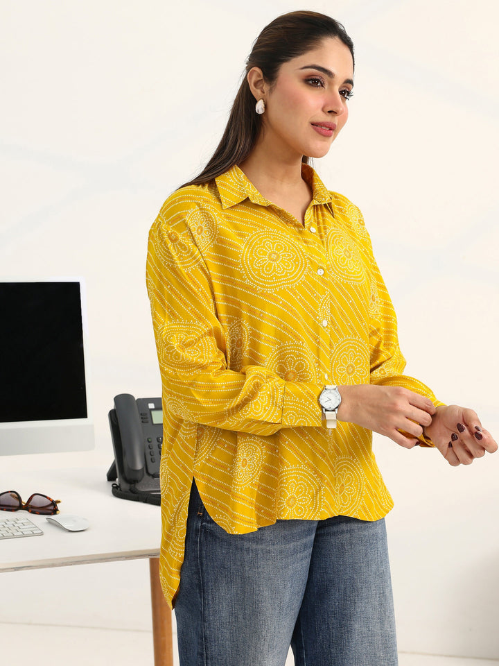 Yellow Ethnic Motifs Printed Cotton Shirt
