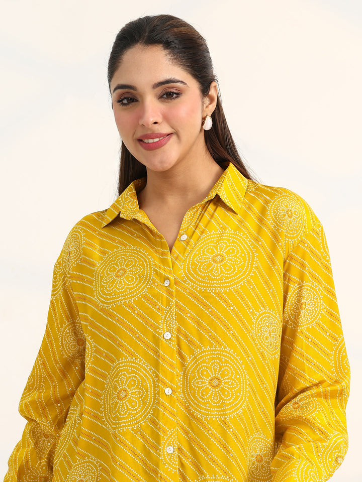 Yellow Ethnic Motifs Printed Cotton Shirt