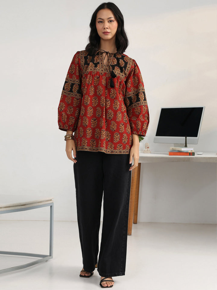 Rust Paisley Printed Cotton Straight Short Kurti