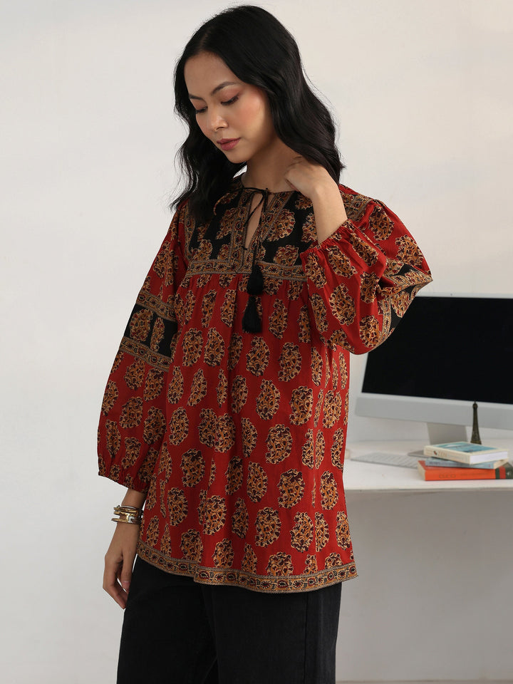 Rust Paisley Printed Cotton Straight Short Kurti