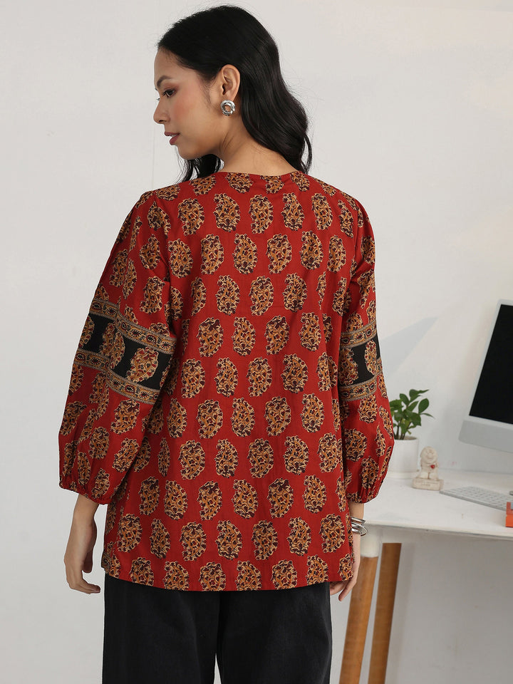 Rust Paisley Printed Cotton Straight Short Kurti