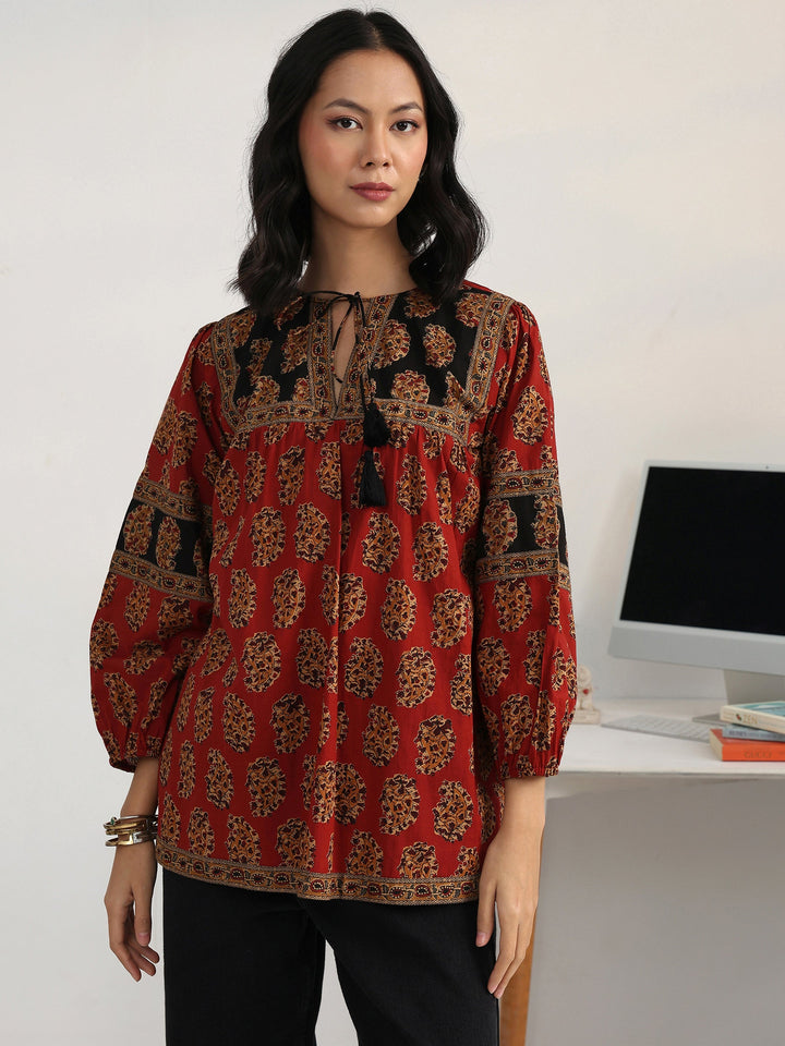 Rust Paisley Printed Cotton Straight Short Kurti