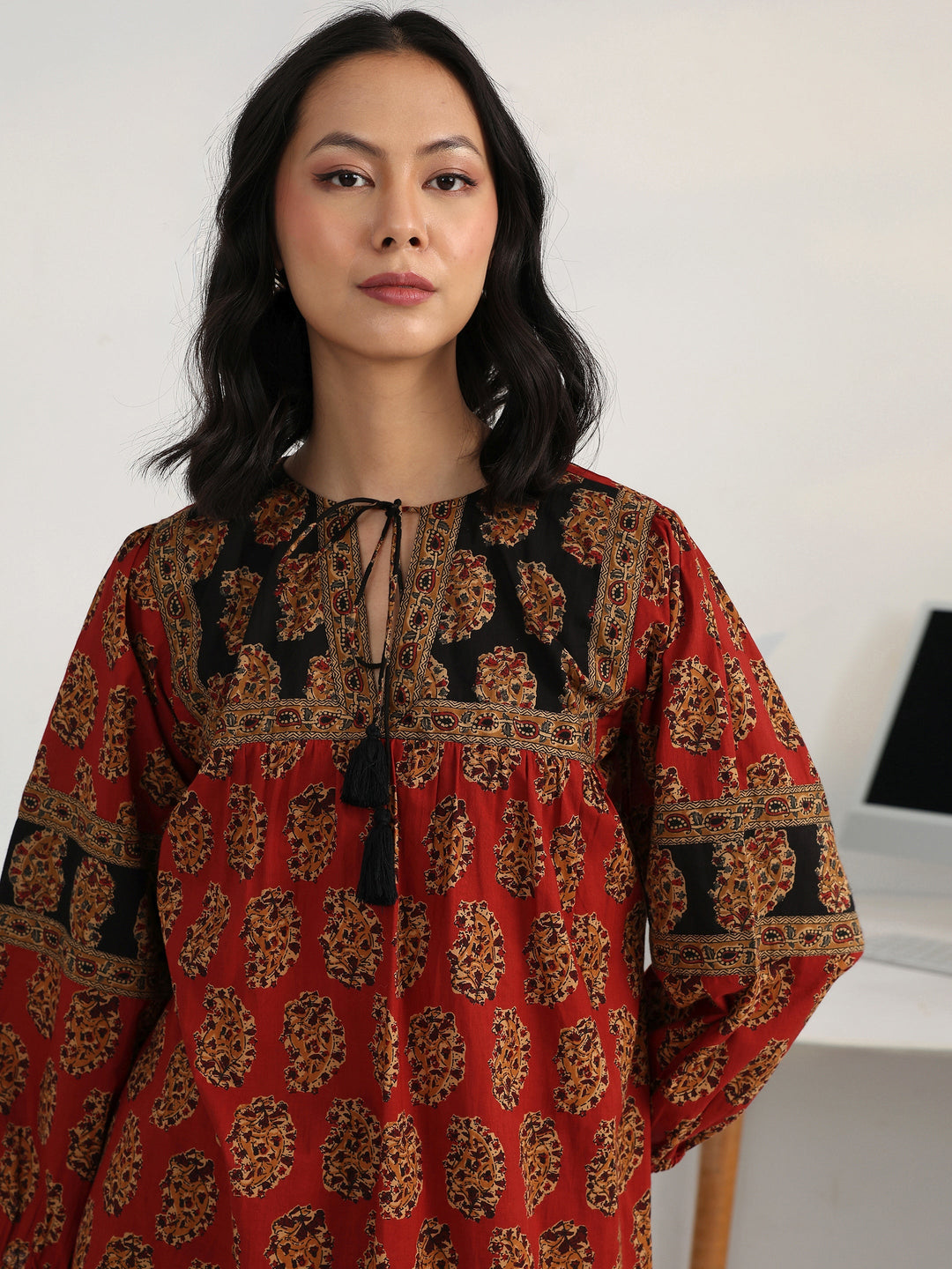 Rust Paisley Printed Cotton Straight Short Kurti