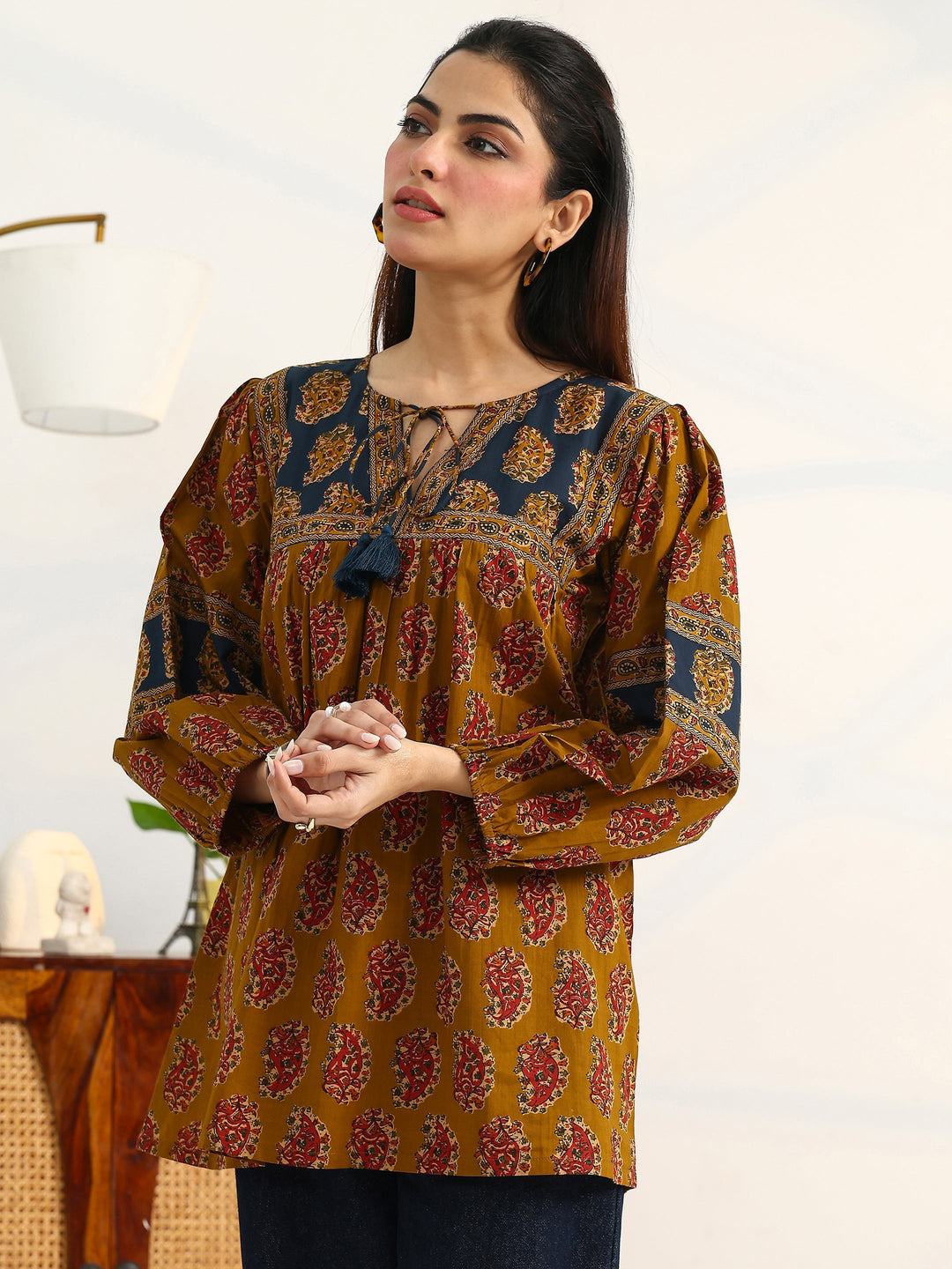 Mustard Ethnic Motifs Printed Cotton Blend Straight Short Kurti