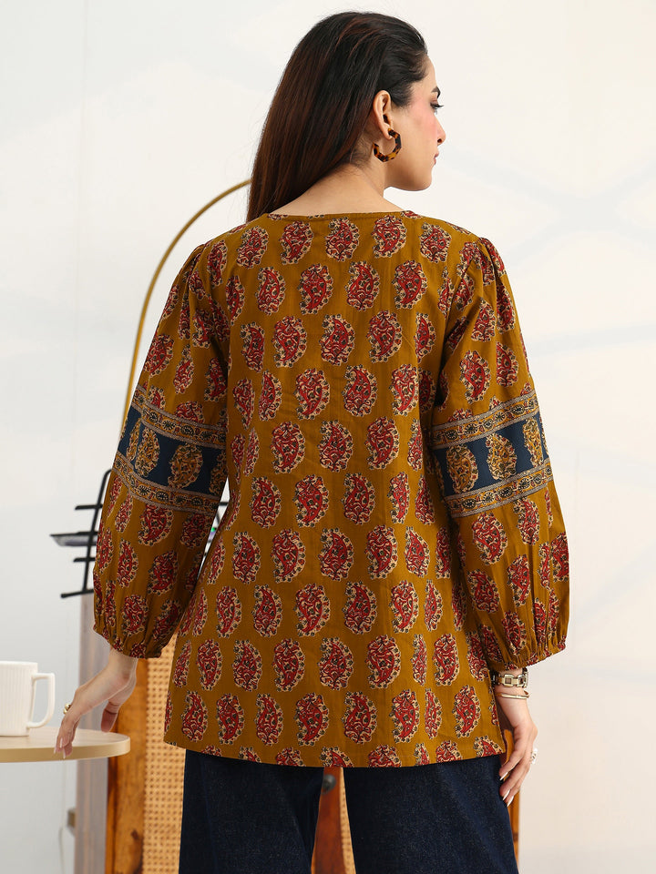 Mustard Ethnic Motifs Printed Cotton Blend Straight Short Kurti