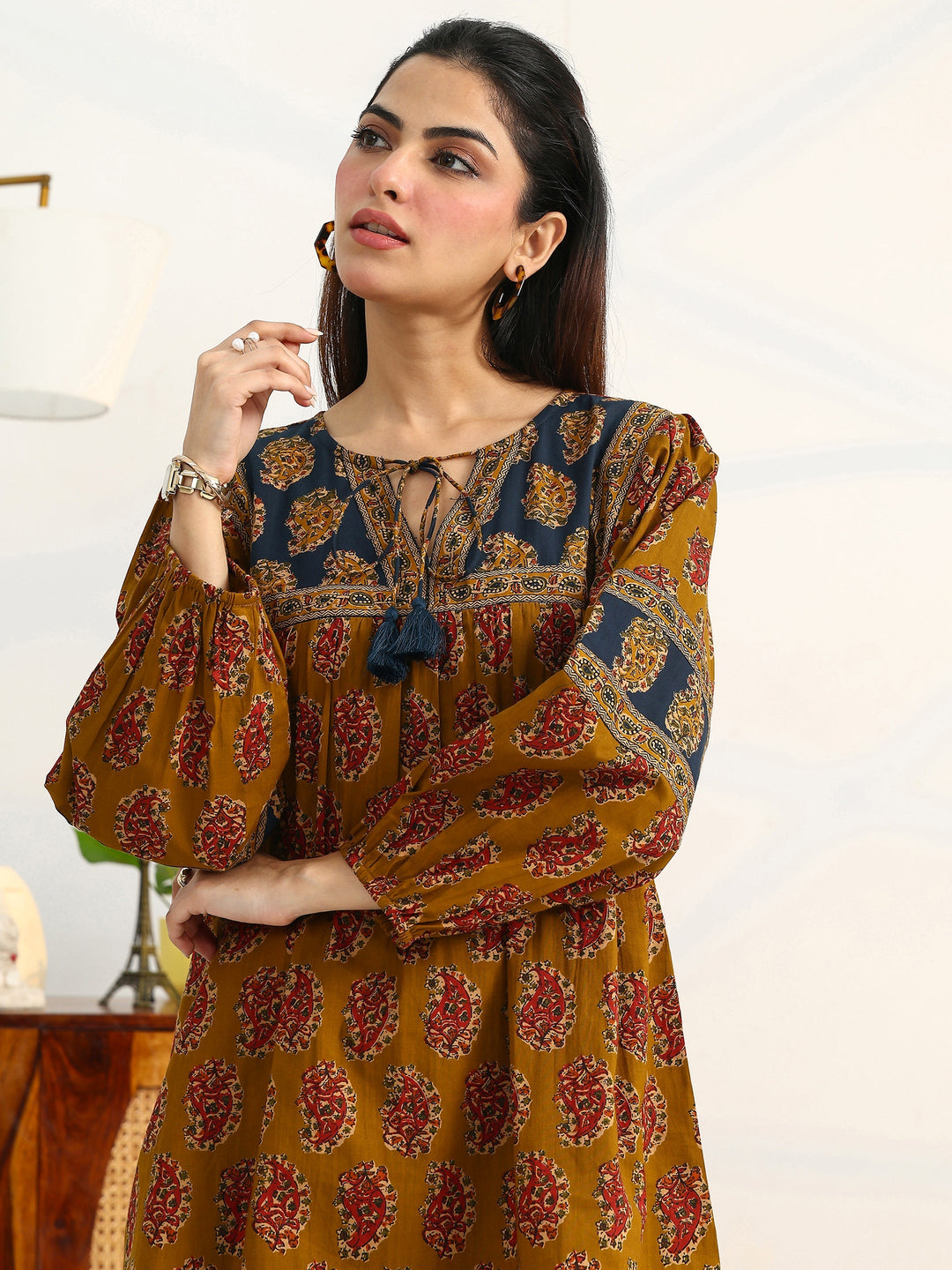 Mustard Ethnic Motifs Printed Cotton Blend Straight Short Kurti