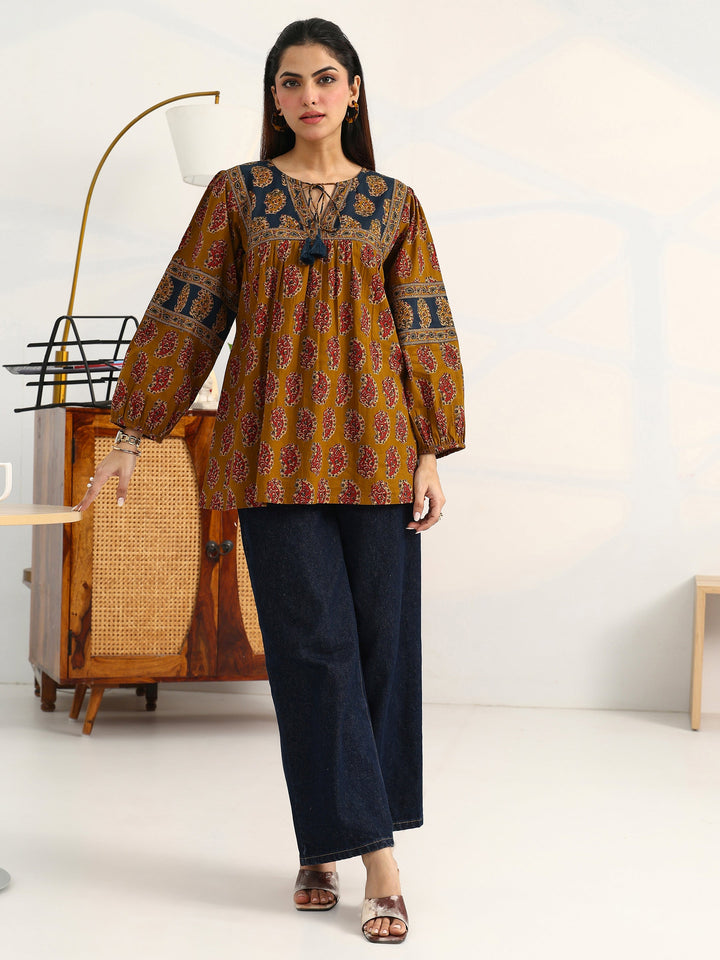 Mustard Ethnic Motifs Printed Cotton Blend Straight Short Kurti