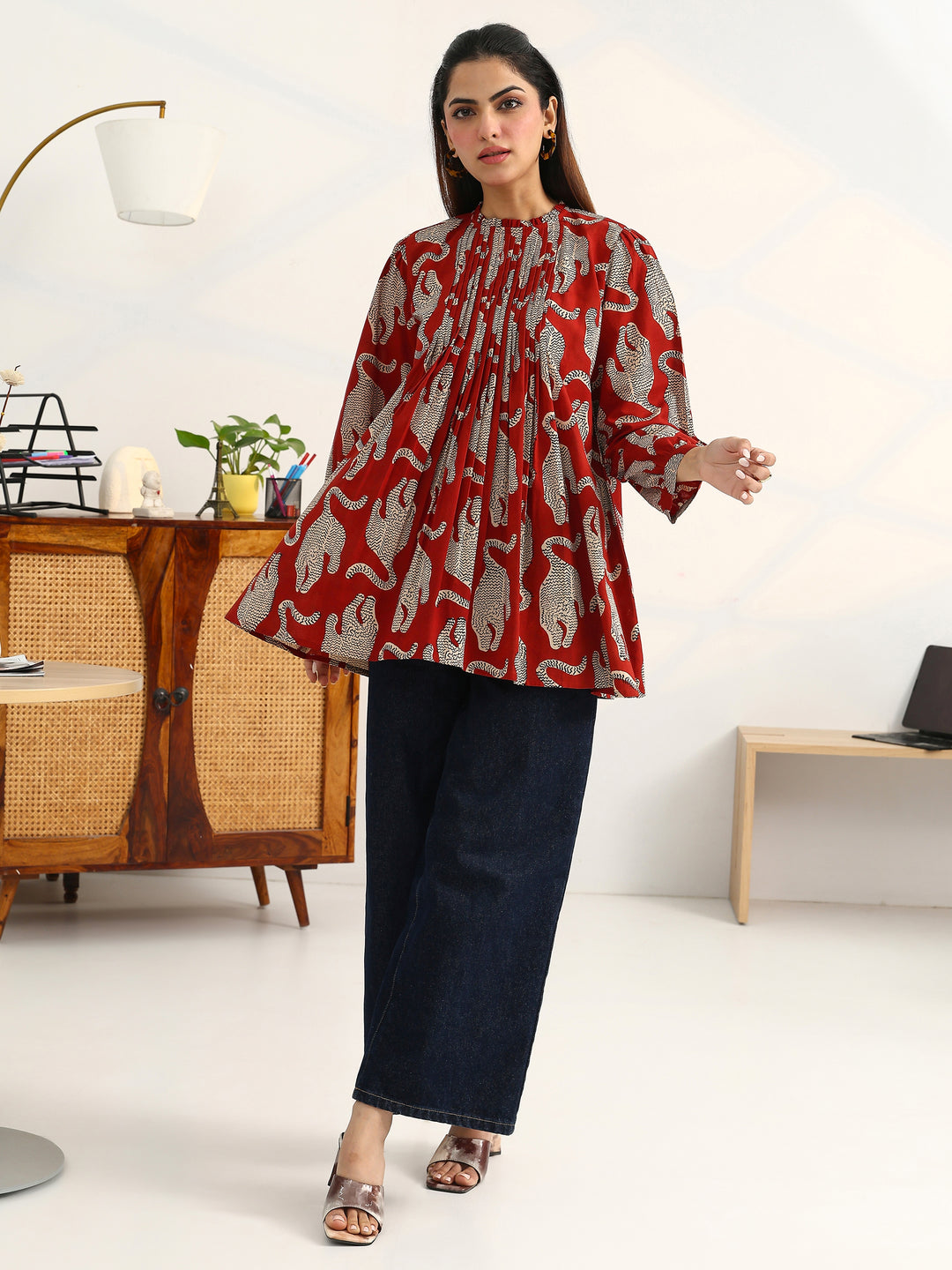 Rust Tribal Printed Cotton Blend Straight Short Kurti