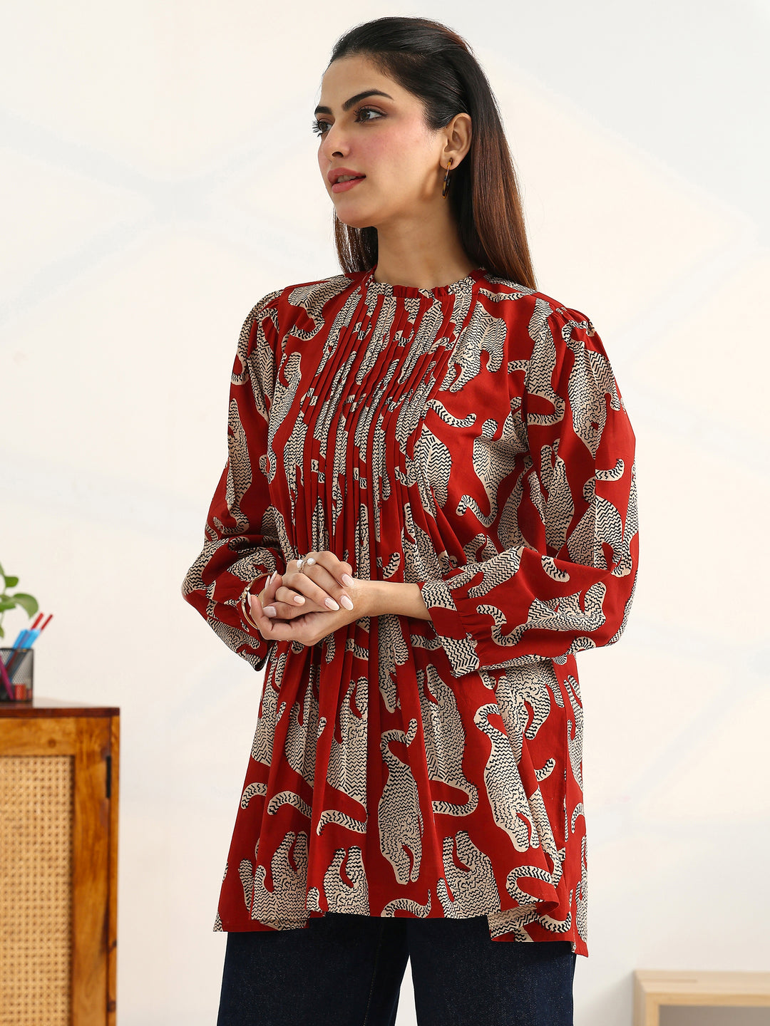 Rust Tribal Printed Cotton Blend Straight Short Kurti