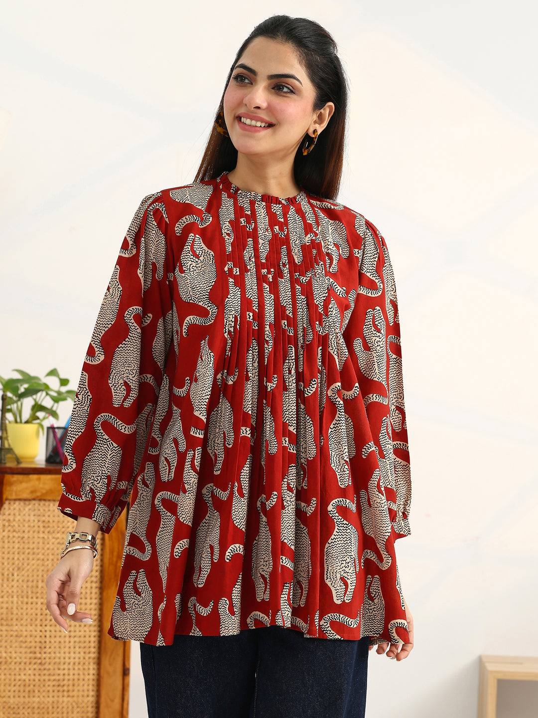 Rust Tribal Printed Cotton Blend Straight Short Kurti