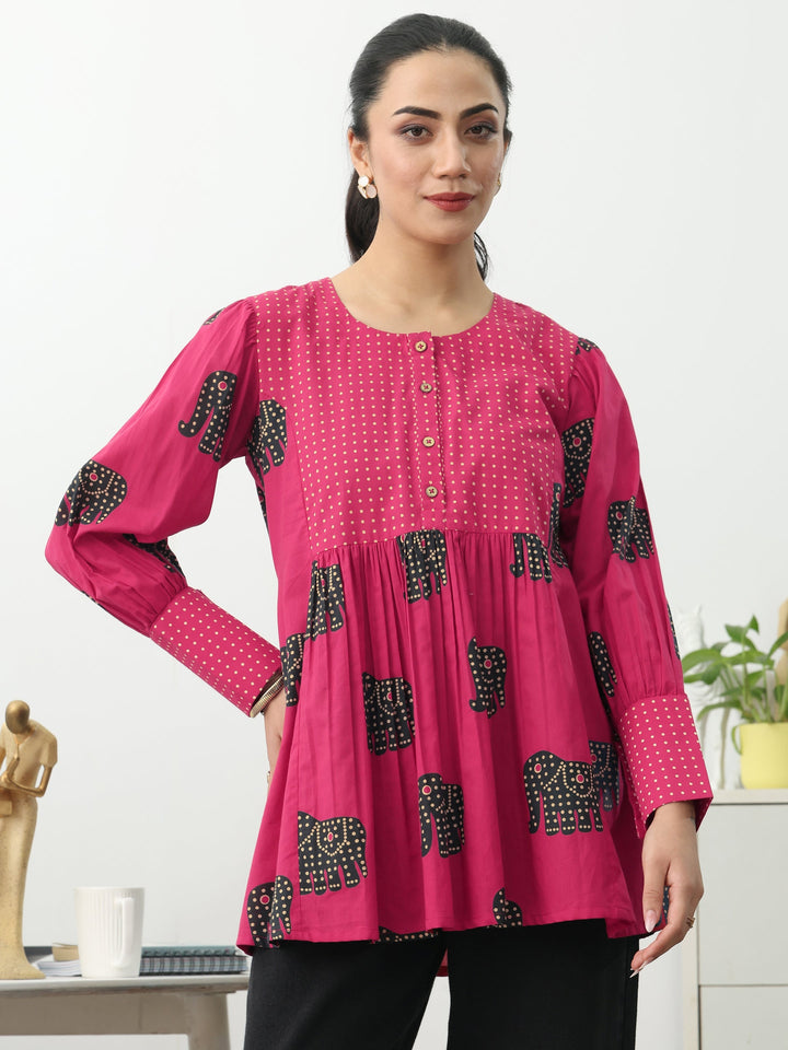 Pink Tribal Printed Cotton Blend A-Line Short Kurti