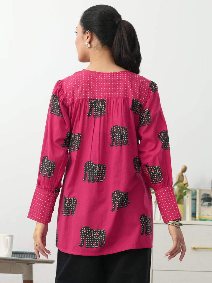 Pink Tribal Printed Cotton Blend A-Line Short Kurti