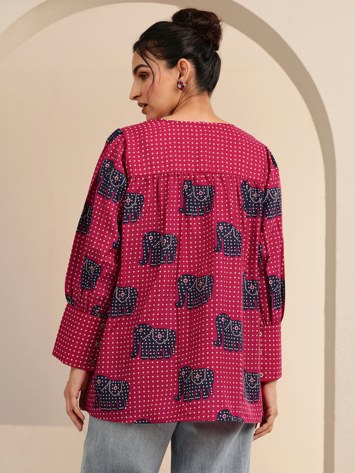 Pink Tribal Printed Cotton Blend A-Line Short Kurti
