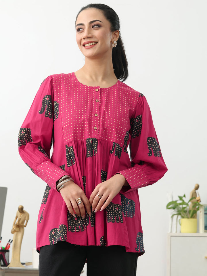 Pink Tribal Printed Cotton Blend A-Line Short Kurti