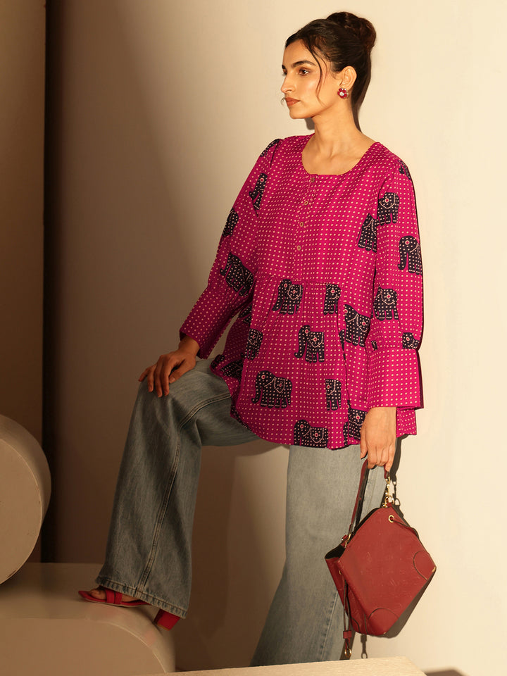 Pink Tribal Printed Cotton Blend A-Line Short Kurti