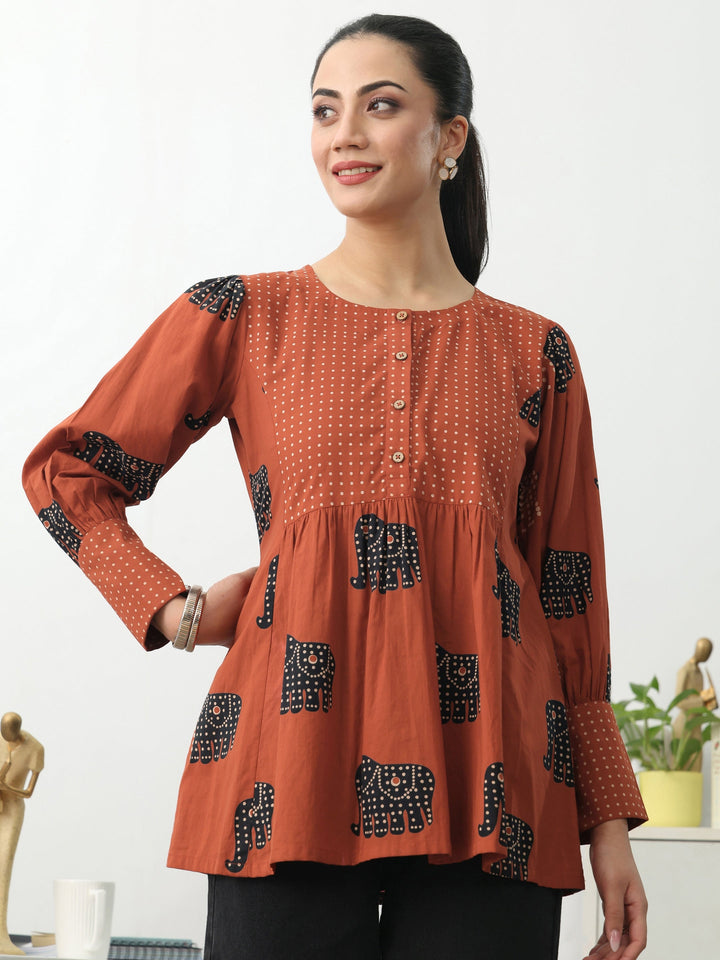 Rust Tribal Printed Cotton Blend A-Line Short Kurti