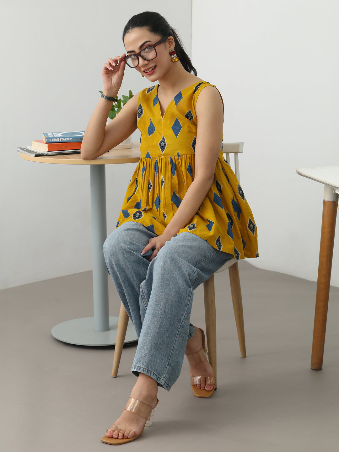 Gerua Yellow Geometric Printed Cotton Blend Anarkali Short Kurti