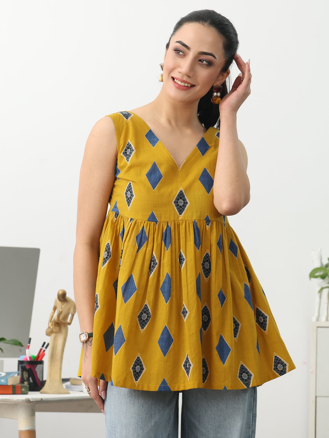 Gerua Yellow Geometric Printed Cotton Blend Anarkali Short Kurti