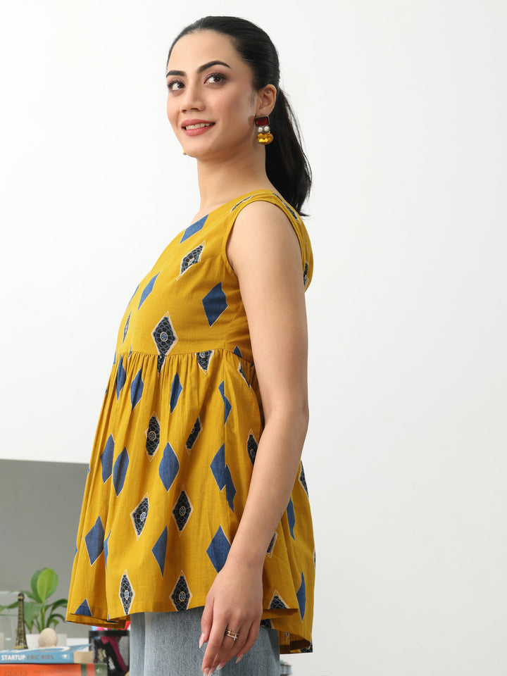 Gerua Yellow Geometric Printed Cotton Blend Anarkali Short Kurti