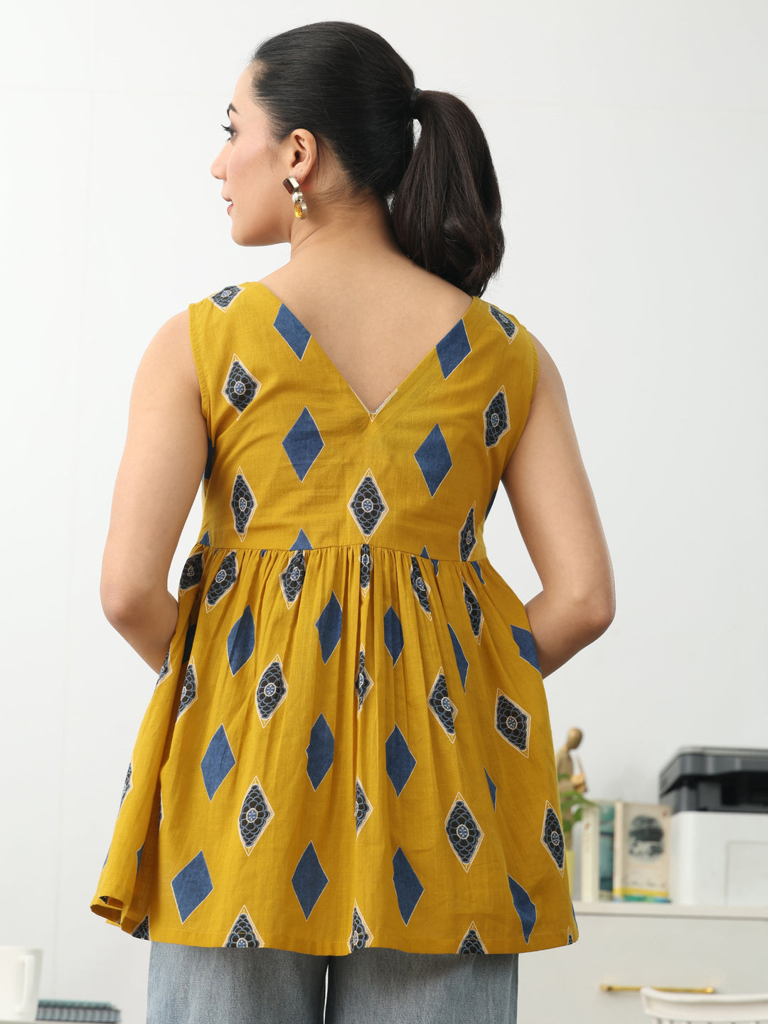 Gerua Yellow Geometric Printed Cotton Blend Anarkali Short Kurti