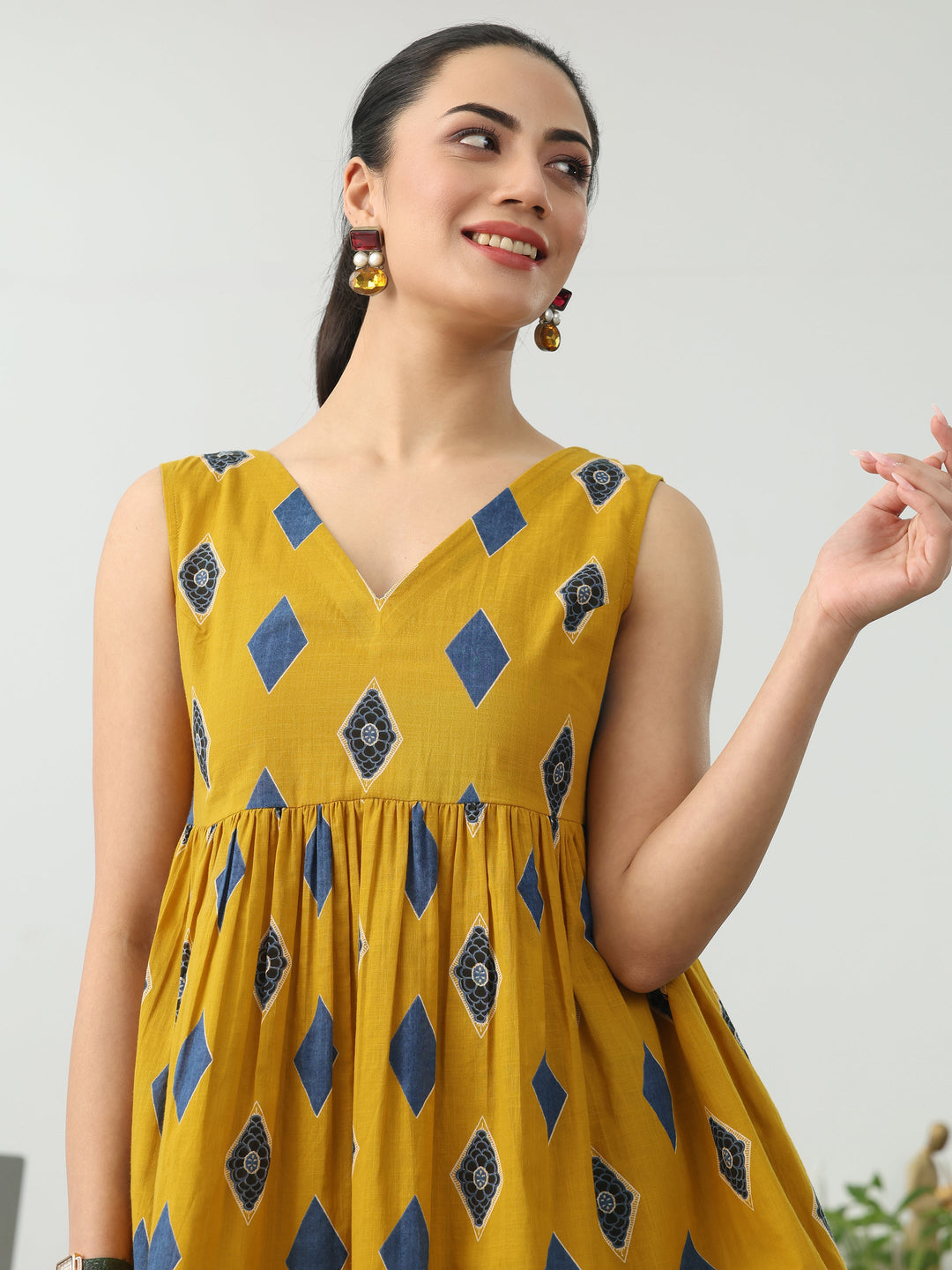 Gerua Yellow Geometric Printed Cotton Blend Anarkali Short Kurti