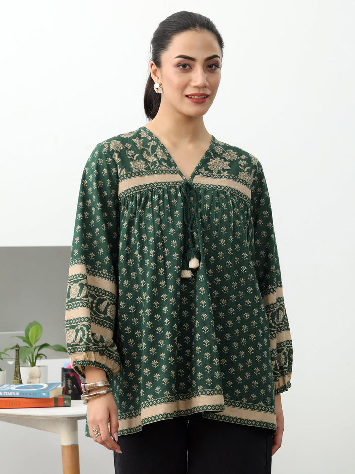 Gerua Green Ethnic Printed Cotton Blend A-Line Short Kurti