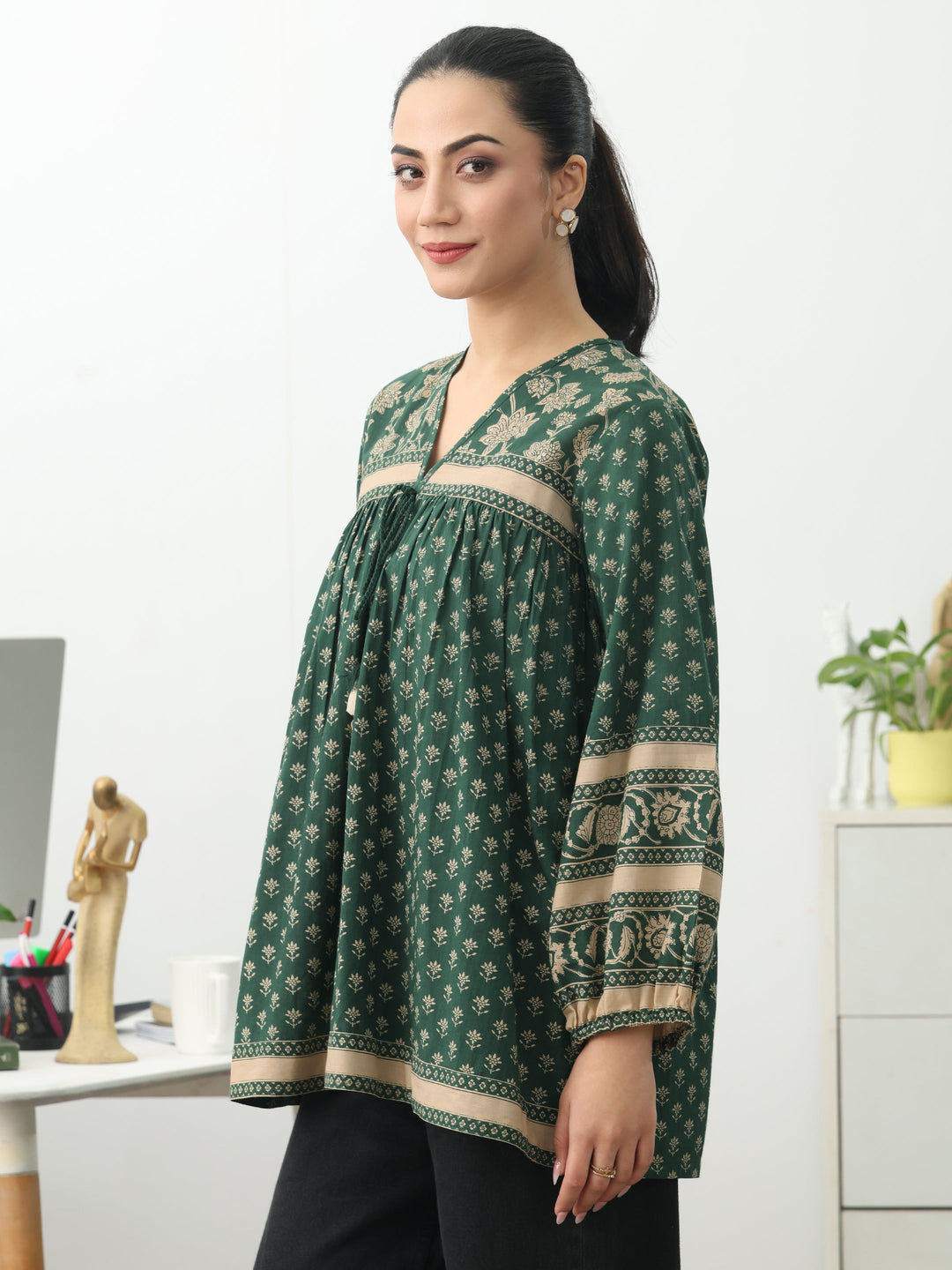 Gerua Green Ethnic Printed Cotton Blend A-Line Short Kurti