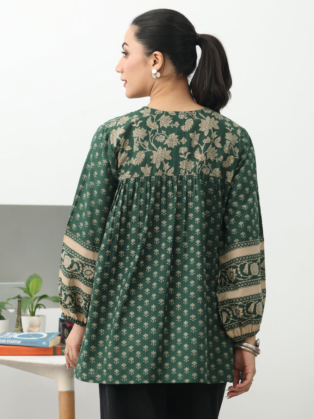 Gerua Green Ethnic Printed Cotton Blend A-Line Short Kurti