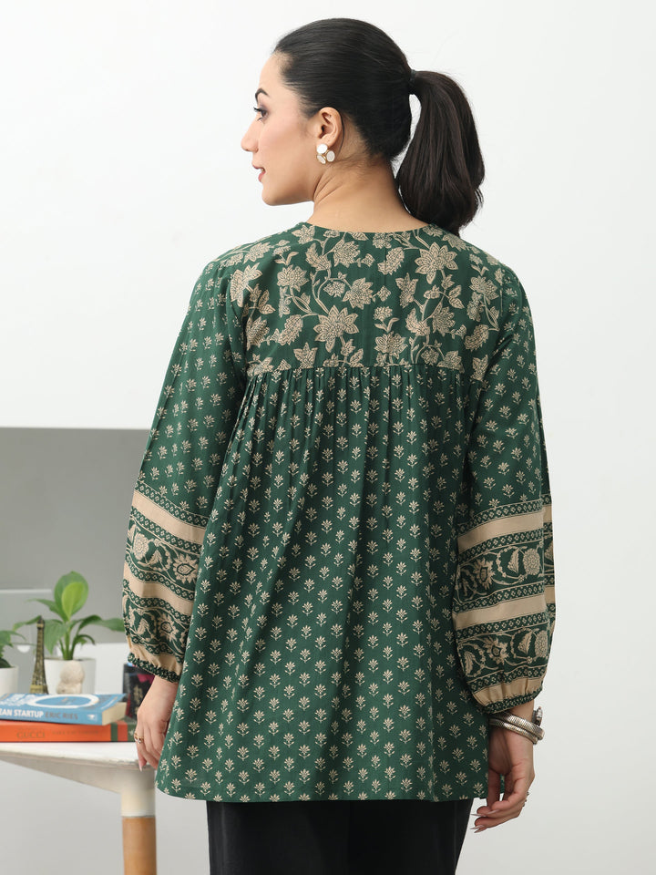 Gerua Green Ethnic Printed Cotton Blend A-Line Short Kurti