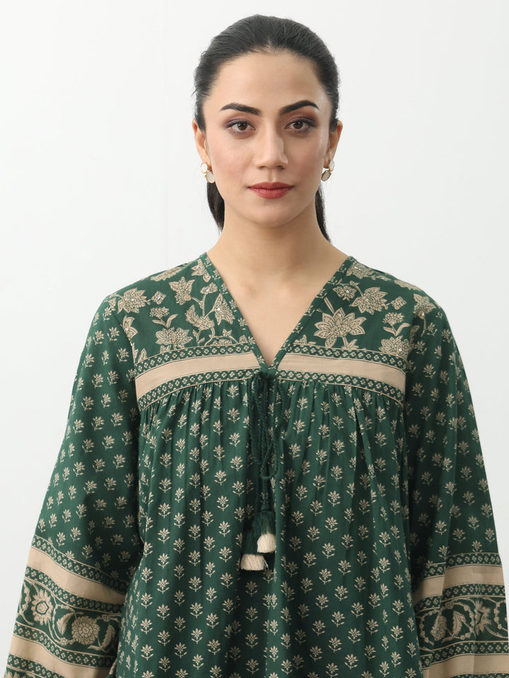 Gerua Green Ethnic Printed Cotton Blend A-Line Short Kurti