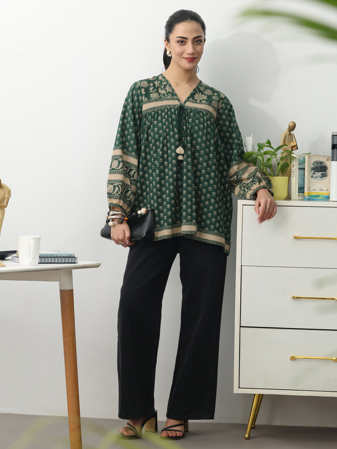 Gerua Green Ethnic Printed Cotton Blend A-Line Short Kurti