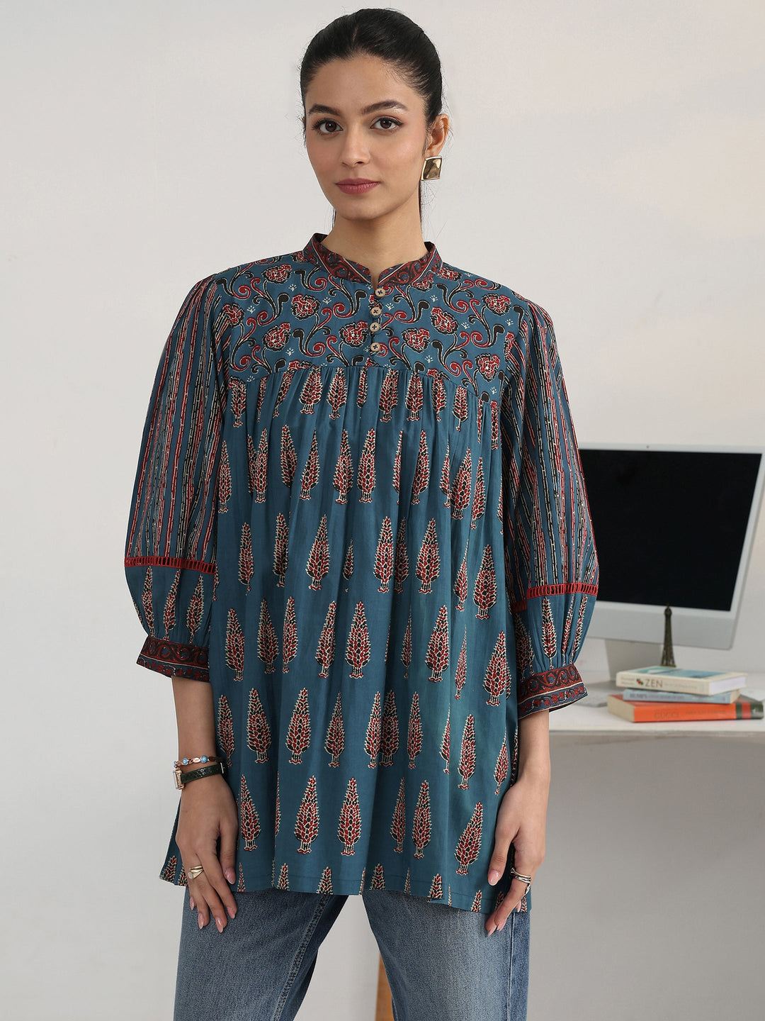 Blue Foliage Printed Cotton Blend A-Line Short Kurti