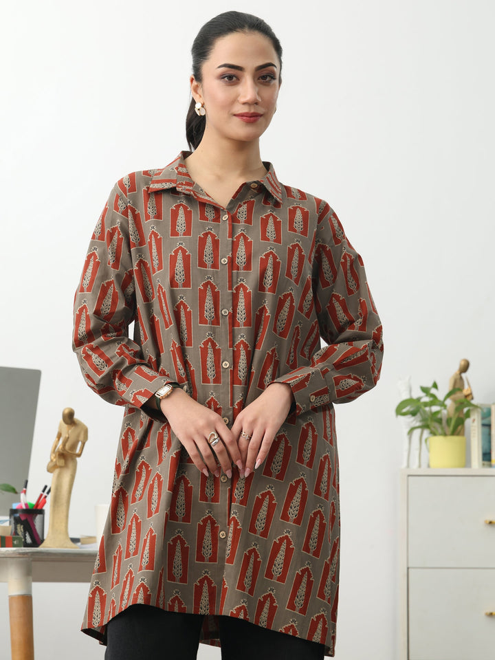 Grey Ethnic Motifs Printed Cotton Shirt