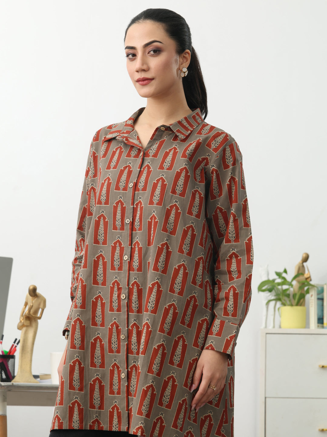 Grey Ethnic Motifs Printed Cotton Shirt