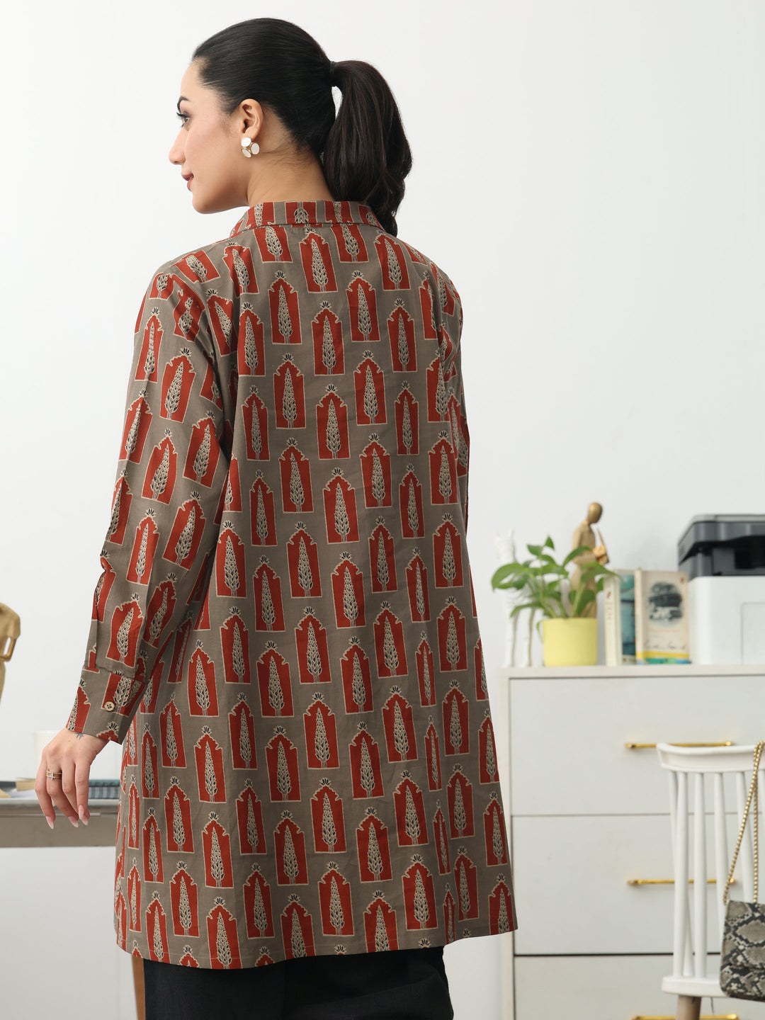 Grey Ethnic Motifs Printed Cotton Shirt