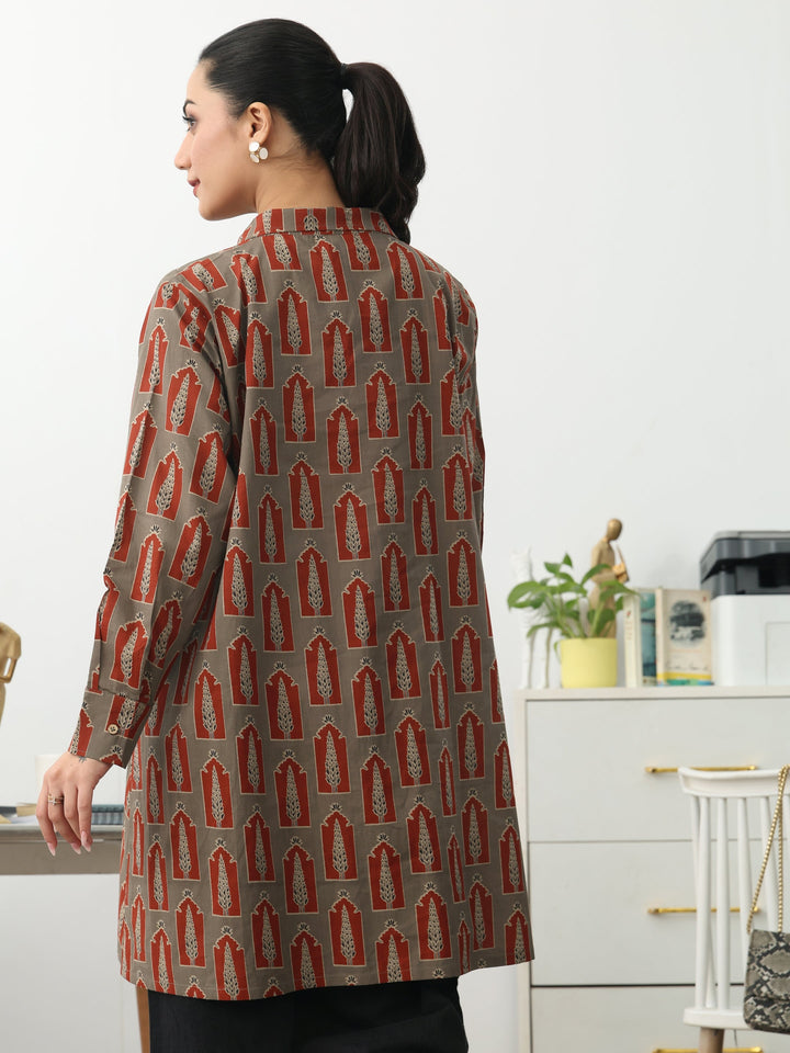 Grey Ethnic Motifs Printed Cotton Shirt