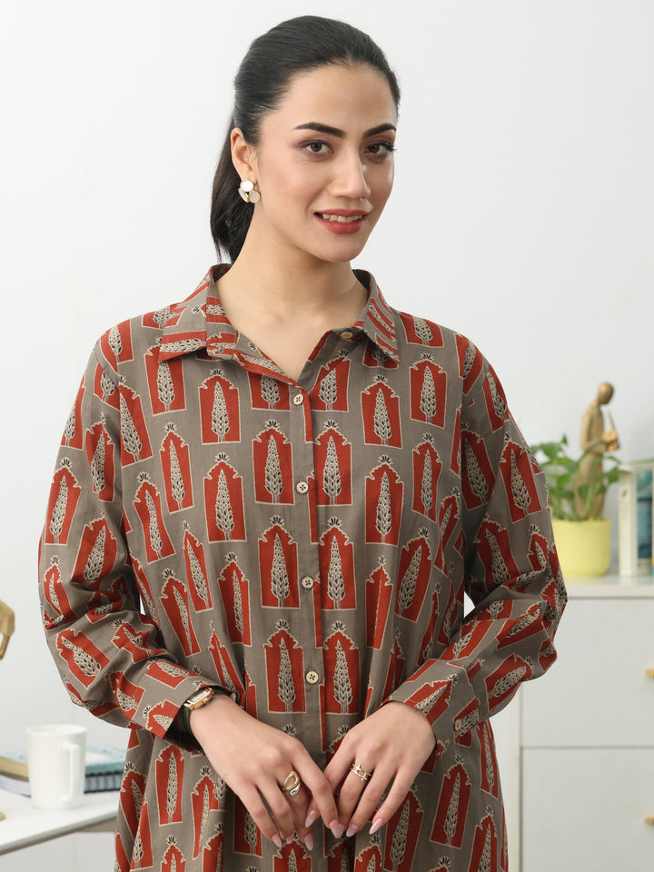 Grey Ethnic Motifs Printed Cotton Shirt