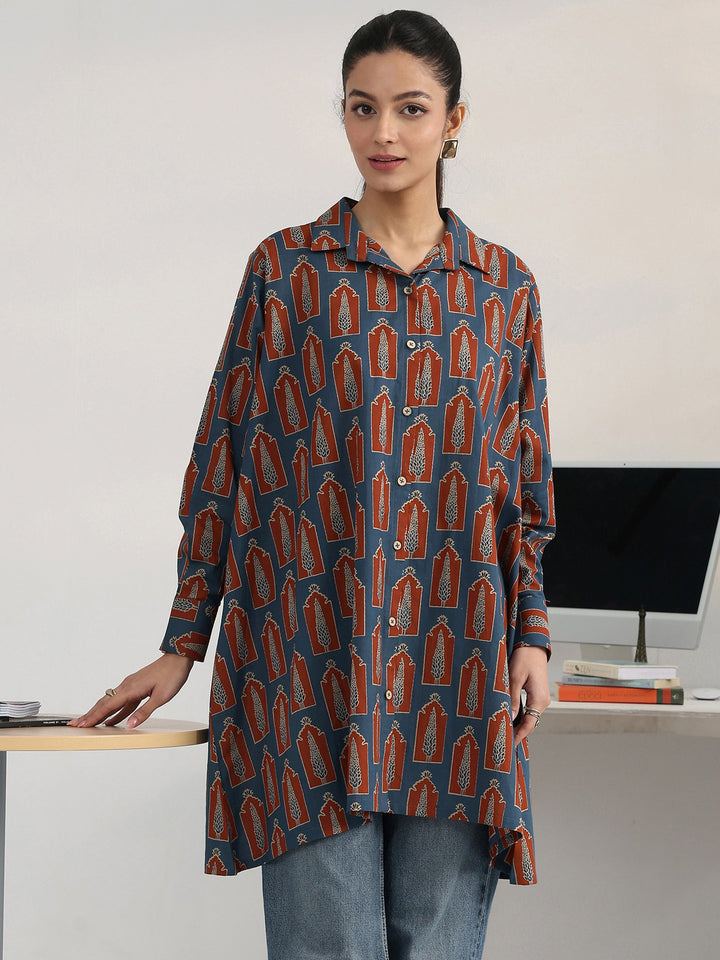 Navy Blue Geometric Printed Cotton Blend Shirt