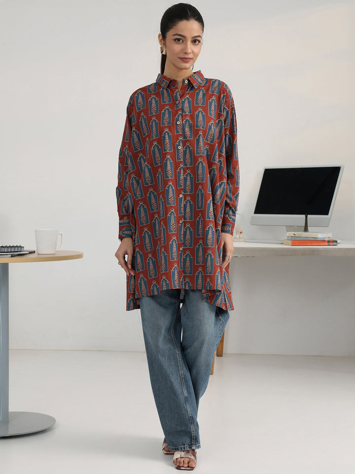 Rust Block Printed Cotton Blend Shirt
