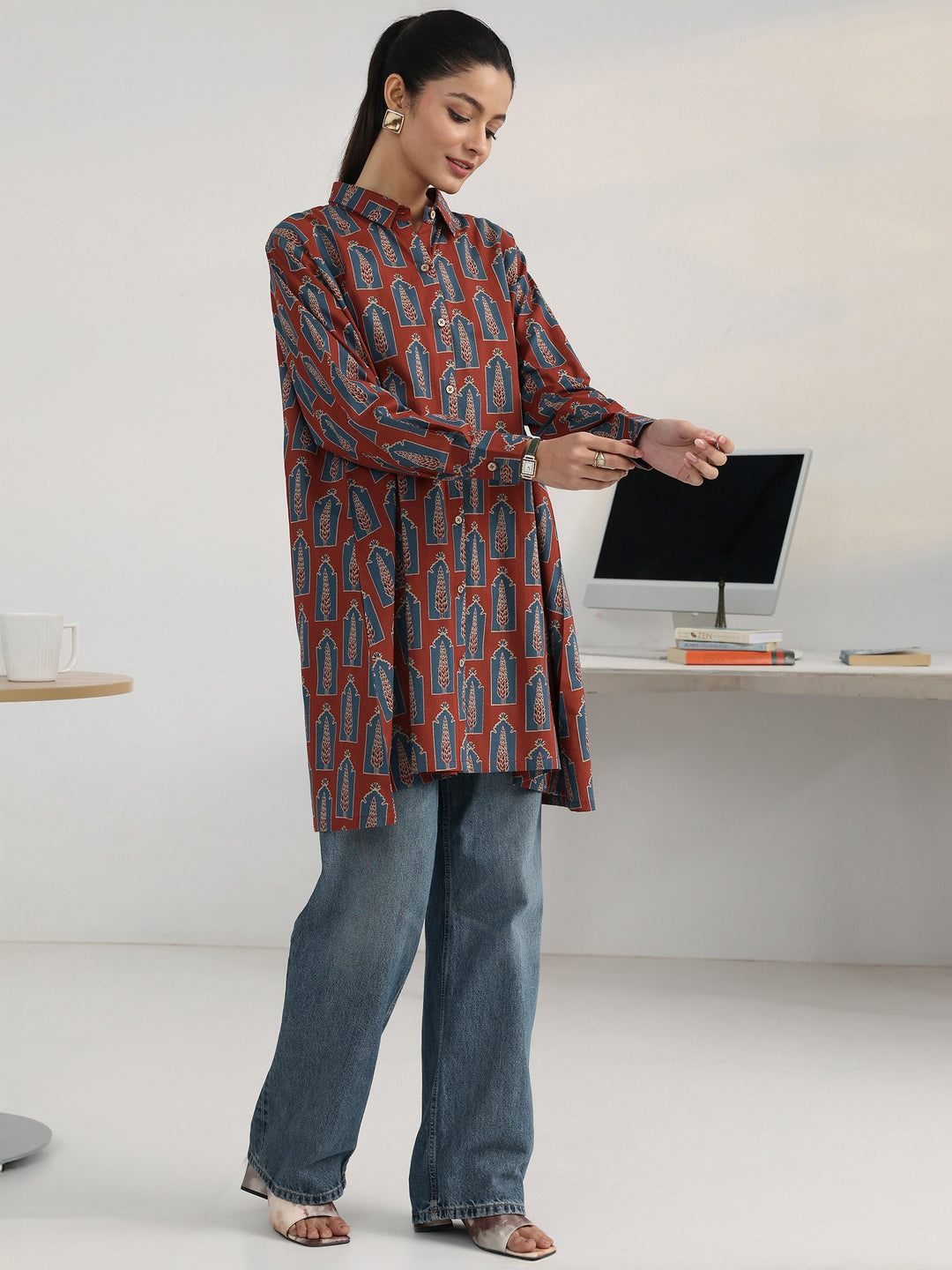 Rust Block Printed Cotton Blend Shirt