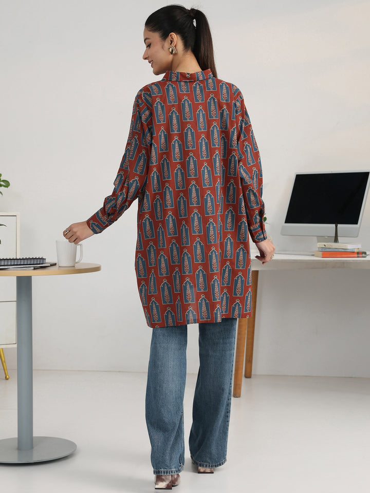 Rust Block Printed Cotton Blend Shirt