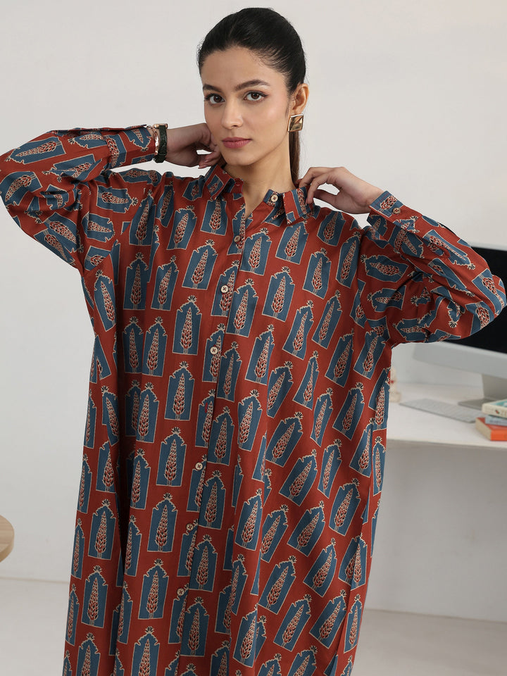 Rust Block Printed Cotton Blend Shirt