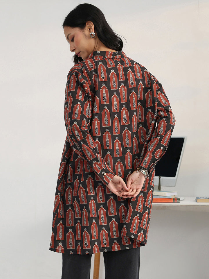 Vintage Black Printed Longline Cotton Blend Button Down Shirt
