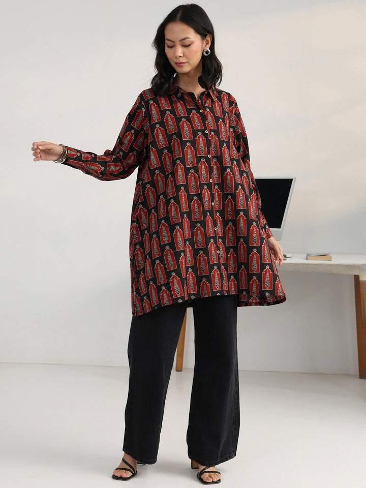 Vintage Black Printed Longline Cotton Blend Button Down Shirt