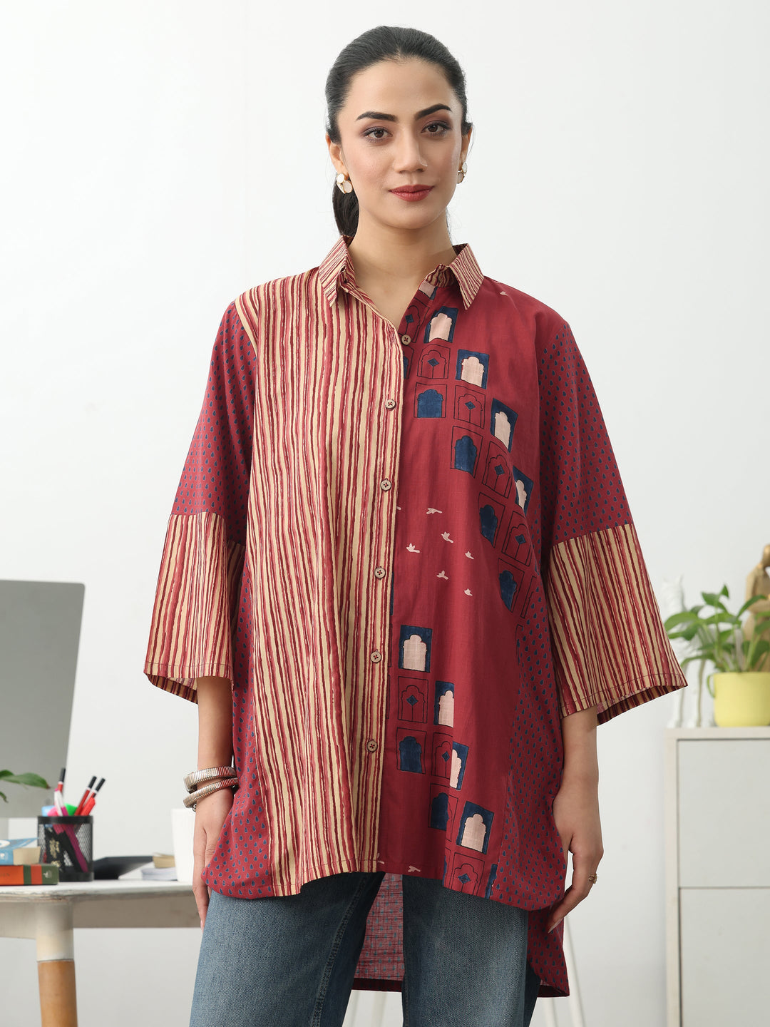 Gerua Rust Striped Printed Cotton Shirt